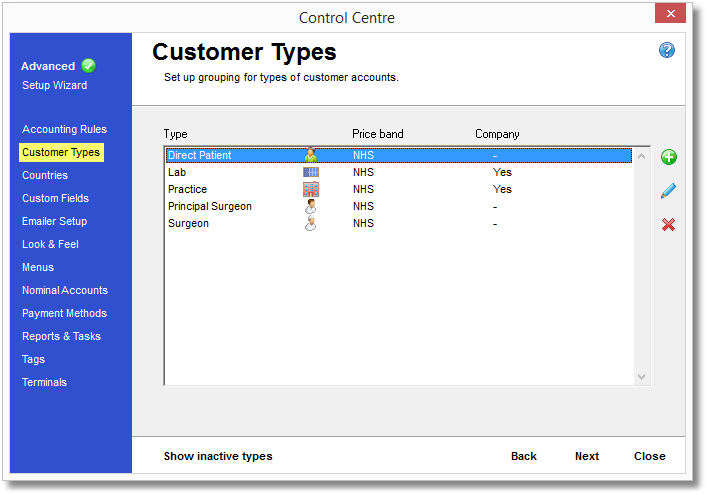 Control Centre-Customer Types