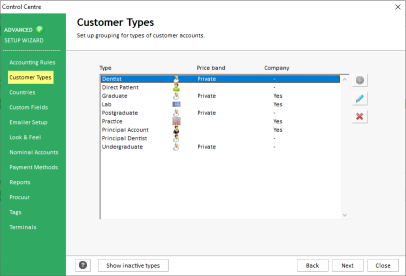 Control Centre-Customer Types