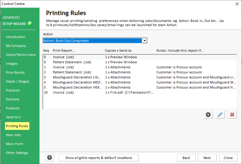 Control Centre-Printing Rules