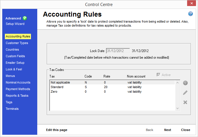 Control Centre-Accounting Rules